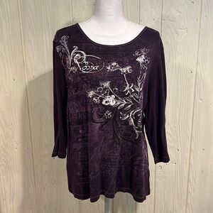 B.L.E.U. Woman Vintage Cotton Purple Long Sleeve Top with Silver Beading 2XL